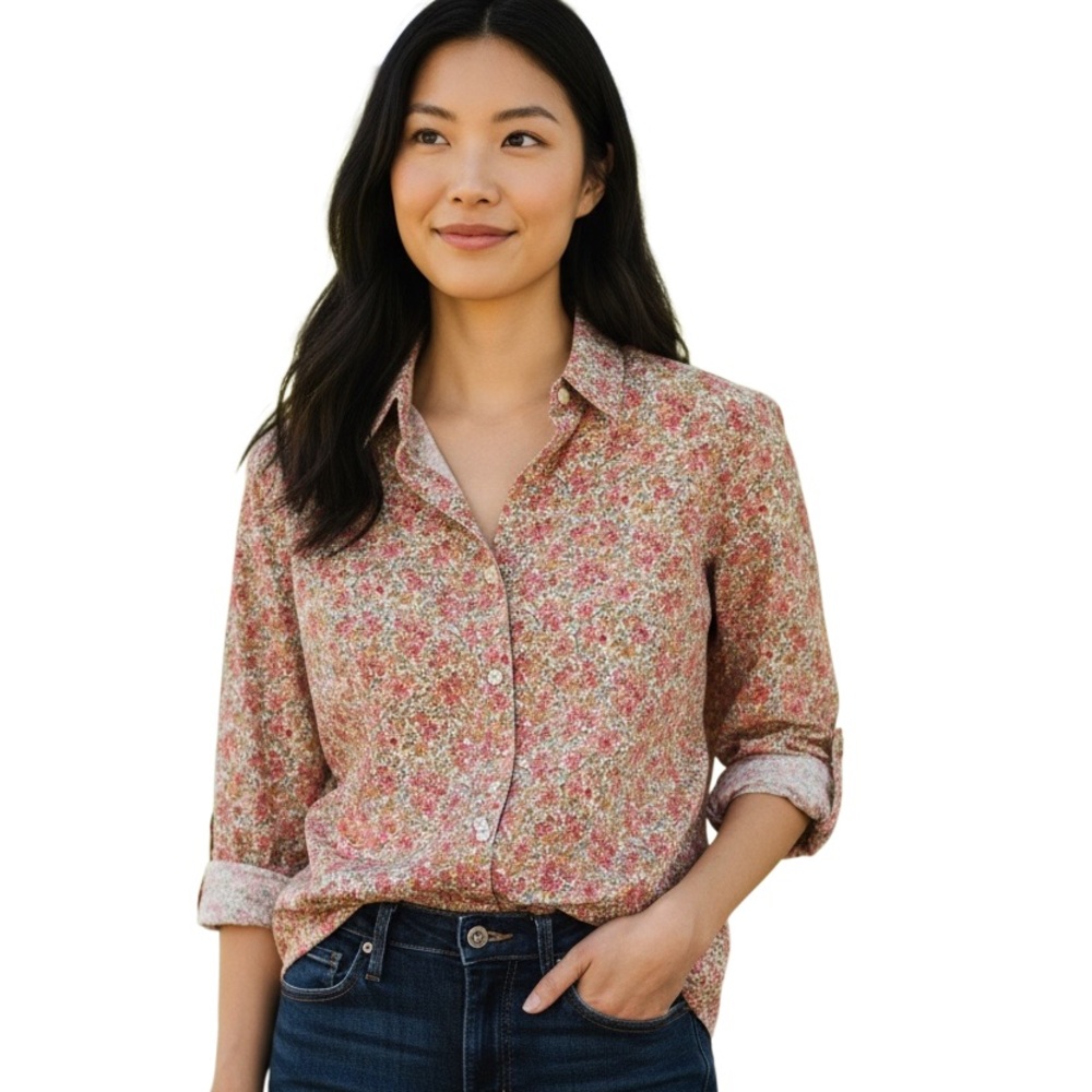 VIntage Talbots Pink and Beige Floral Collared Button-Front Shirt Size XL